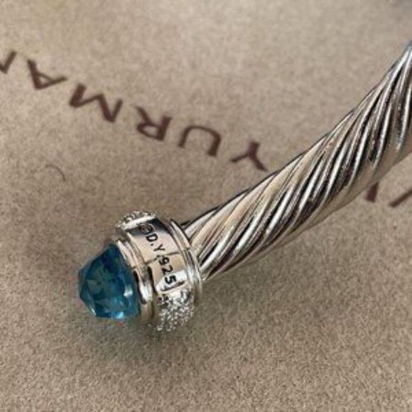 David Yurman Bracelet 7mm Sterling Silver Prasiolite Diamond Cable Classic Cuff - Picture 6 of 7